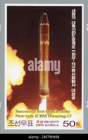 2017 Timbre de la Corée du Nord. Lancement réussi des tests de l'ICBM Hwasong-15 Banque D'Images