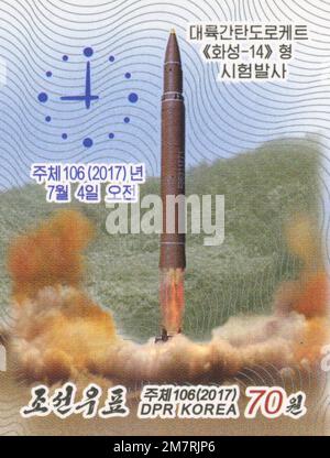 2017 Timbre de la Corée du Nord. 2017 lancement des tests de l'ICBM Hwasong-14 ICBM Banque D'Images