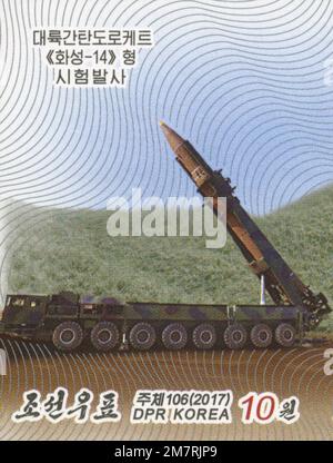 2017 Timbre de la Corée du Nord. 2017 lancement des tests de l'ICBM Hwasong-14 ICBM Banque D'Images