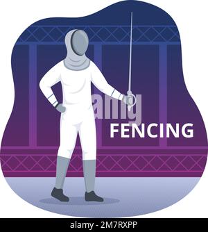 Escrime joueur Sport Illustration avec Fencer Fighting on Piste et épée Duel épreuve de compétition dans le dessin à la main de dessin à plat Illustration de Vecteur