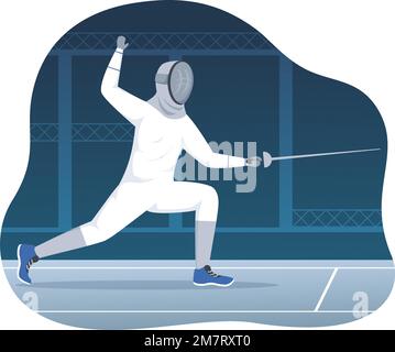 Escrime joueur Sport Illustration avec Fencer Fighting on Piste et épée Duel épreuve de compétition dans le dessin à la main de dessin à plat Illustration de Vecteur