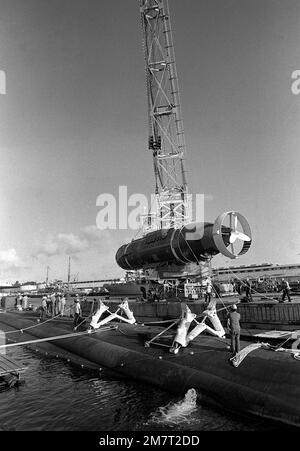 Une grue abaisse le véhicule de sauvetage en immersion profonde AVALON (DSRV-2) sur des pylônes fixés à la coque du sous-marin d'attaque nucléaire USS CAVALLA (SSN-684). L'AVALON et LE CAVALLA participent à un exercice de vol pour former le personnel à la manipulation et à l'exploitation du DSRV. Base: Pearl Harbor État: Hawaï (HI) pays: Etats-Unis d'Amérique (USA) Banque D'Images