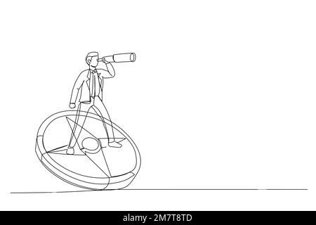 Dessin d'un homme d'affaires debout sur la boussole montrant la direction. Symbole de stratégie, vision future. Style art sur une seule ligne Illustration de Vecteur