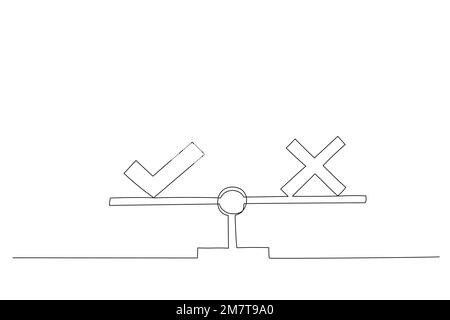 Dessin animé des balances avec croix et coche. Choix, concept de décision. Style de dessin au trait continu unique Illustration de Vecteur