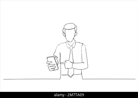 Dessin animé d'un jeune homme pointant du doigt vers un téléphone portable. Style de dessin au trait continu unique Illustration de Vecteur
