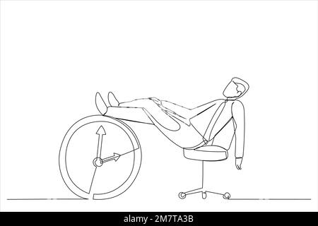 Un dessin animé d'homme d'affaires dormant sur une chaise de bureau et un réveil couvrait son visage avec un livre. Crise de l'après-midi, métaphore de la paresse. Simple contact Illustration de Vecteur