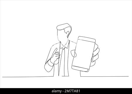 Dessin animé d'un homme tenant un grand smartphone avec un écran blanc en main, montrant près de l'appareil photo et pointant vers l'appareil. Styl. Art ligne continue unique Illustration de Vecteur