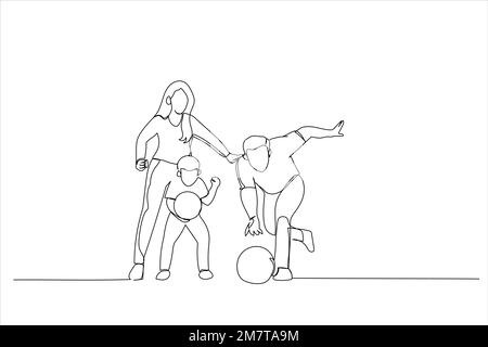 Dessin animé de la famille passant du temps ensemble dans le club de bowling. Style de dessin au trait continu Illustration de Vecteur