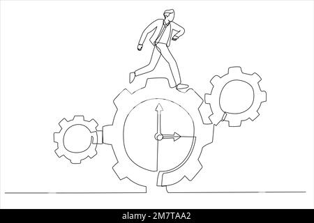 Illustration d'un homme d'affaires en train de courir le long de l'équipement sous forme d'horloge. Concept de contrôle du temps. Un style d'art sur une ligne Illustration de Vecteur