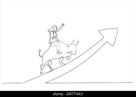 Caricature d’une femme d’affaires confiante qui s’évertue sur un graphique vert montant. Marché boursier marché à la hausse. Illustration de ligne continue unique Illustration de Vecteur