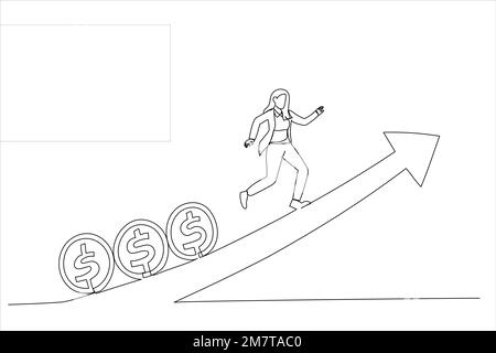 Illustration du graphique de hausse du gestionnaire de fonds détenant des pièces de monnaie en tête de drapeau. Croissance boursière ou flux de fonds. Un style d'art sur une ligne Illustration de Vecteur