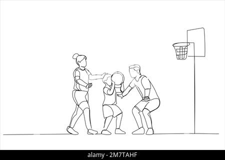 Dessin de famille jouant au basket-ball ensemble. Style art sur une seule ligne Illustration de Vecteur