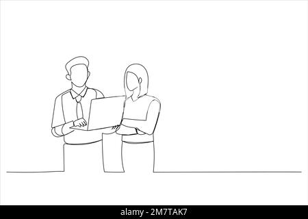 Dessin animé d'un homme d'affaires et d'une femme d'affaires asiatiques regardant un ordinateur portable. Dessin au trait continu Illustration de Vecteur