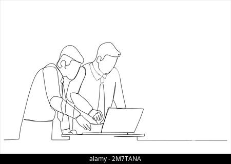 Illustration de cadres attentifs discutant sur ordinateur portable au bureau. Un art de style ligne Illustration de Vecteur