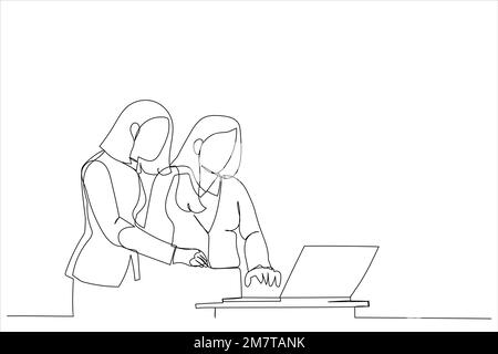 Dessin de deux jeunes femmes d'affaires se tenant près de la table, regardant l'écran d'ordinateur portable, discutant des détails du projet. Illustration de ligne continue unique Illustration de Vecteur