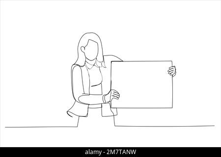 Illustration d'une femme heureuse affichant un écriteau blanc vierge, maquette pour logo ou motif. Un style de dessin au trait continu Illustration de Vecteur