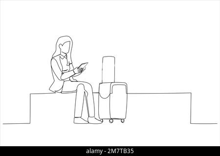 Dessin d'une jeune femme attendant et utilisant un téléphone portable à l'aéroport. Style art sur une seule ligne Illustration de Vecteur