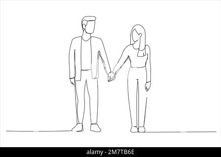 Illustration d'un couple asiatique millénaire souriant et regardant l'un l'autre, tenant les mains, debout. Un style de dessin au trait continu Illustration de Vecteur