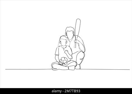 Illustration du père heureux et de son fils jouant au baseball. Un style de dessin au trait continu Illustration de Vecteur