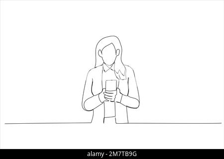 Dessin d'une jeune femme utilisant son téléphone en étant debout. Illustration de ligne continue unique Illustration de Vecteur