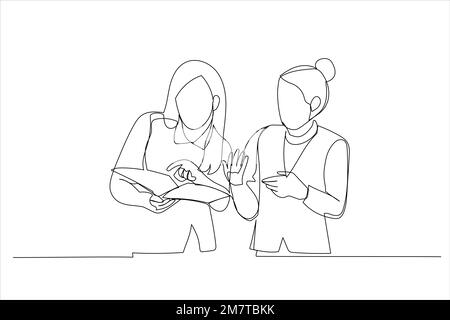 Illustration de deux femmes d'affaires qui ont réussi à discuter et à examiner des documents. Un style de dessin au trait continu Illustration de Vecteur