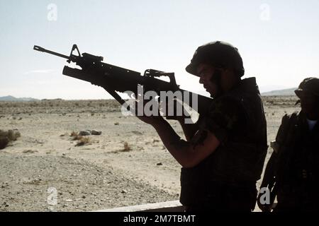 Un Marine d'armes prête pour le combat, 3rd Bataillon, 2nd Marines, regarde à travers la vue du lanceur de grenade M-203 40mm qui est attaché à son fusil M-16A1. Ceci fait partie de l'opération CAX 1-2-82 qui a eu lieu au Centre de combat air-sol du corps des Marines. Objet opération/série: CAX 1-2-82 base: Twentynine Palms État: Californie (CA) pays: États-Unis d'Amérique (USA) Banque D'Images