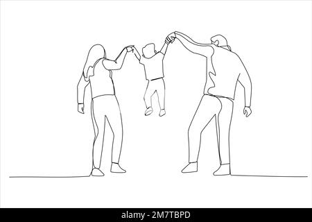 Dessin animé de famille heureuse dans le parc. Les parents tiennent les mains du bébé. Style de dessin au trait continu unique Illustration de Vecteur