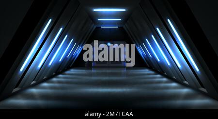 Hall sombre avec porte en métal fermée et éclairage de la lampe bleu néon. Illustration vectorielle réaliste d'un laboratoire secret, d'un vaisseau extraterrestre, d'un abri à la bombe à l'intérieur avec porte coulissante. Bâtiment futuriste Illustration de Vecteur