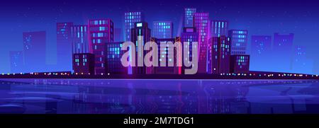 Ville moderne de nuit près de la rivière lumineuse avec des néons colorés sous le ciel de minuit avec de nombreuses étoiles. Illustration vectorielle de paysage urbain avec silhouettes gratte-ciel réfléchissant dans l'eau Illustration de Vecteur