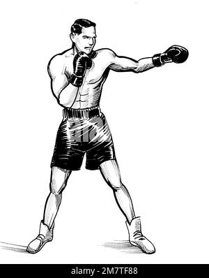 L'athlète de boxe. Dessin noir et blanc Encre Banque D'Images