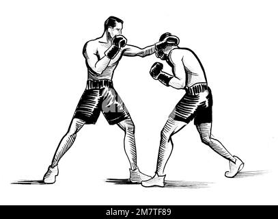 Les athlètes de boxe. Dessin noir et blanc Banque D'Images