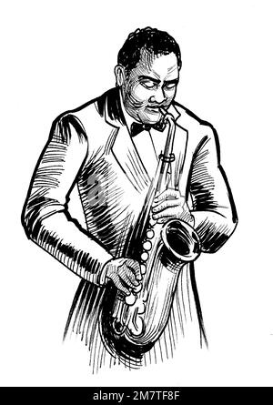 Musicien afro-américain jouant du saxophone. dessin noir et blanc Banque D'Images