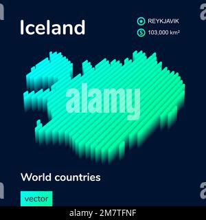 carte isométrique à 3D vecteurs de l'Islande aux couleurs turquoise fluo sur fond bleu foncé. Icône cartographique stylisée de l'Islande. Élément d'infographie Illustration de Vecteur