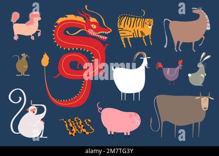 Ensemble d'autocollants chinois pour animaux du zodiaque sur fond bleu Illustration de Vecteur