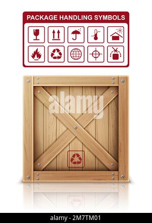 Les icônes des boîtes en bois et des symboles de manutention des emballages définissent une illustration vectorielle réaliste. Caisse en bois ou caisse de chargement pour le stockage, le transport et la livraison du produit avec des symboles postaux, isolée sur blanc Illustration de Vecteur