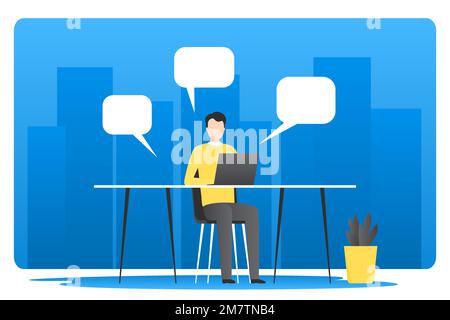 Les employés de bureau discutent avec un ordinateur portable. Illustration vectorielle. Illustration de Vecteur