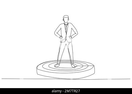 Caricature du leader de super-héros d'homme d'affaires sur le podium, se tenant fier et fort. Métaphore pour la gestion d'entreprise et le patron. Art St. Ligne continue simple Illustration de Vecteur