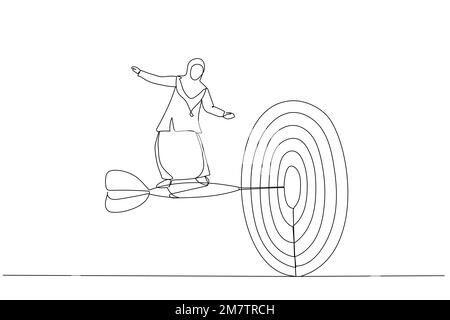 Dessin animé d'une femme d'affaires avec porte-documents debout sur des fléchettes pour atteindre l'objectif d'affaires. Métaphore de la solution, de la réussite, de la mission et de la direction. Simple Illustration de Vecteur