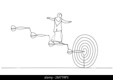 Illustration de femme d'affaires monte les escaliers des flèches vers la cible. Concept de chemin d'accès à l'objectif. Style de dessin au trait continu unique Illustration de Vecteur