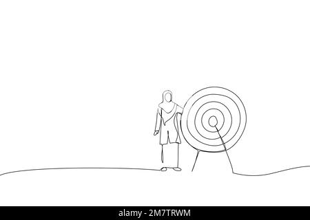 Dessin animé d'une femme d'affaires musulmane debout à côté d'une cible énorme avec un dart au centre, flèche dans le logo de la cible. Métaphore pour atteindre des objectifs et objectiv Illustration de Vecteur