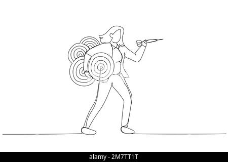 Dessin animé d'une femme d'affaires confiante transportant de nombreuses cibles de dartboard. Métaphore pour gérer plusieurs entreprises simultanément, multitâche. Une ligne St Illustration de Vecteur