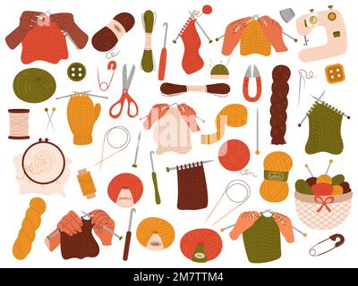 Ensemble vectoriel d'outils de couture dessiné à la main. Fils de laine, crochet, aiguilles à tricoter, aiguille, panier de fils. Illustration de Vecteur