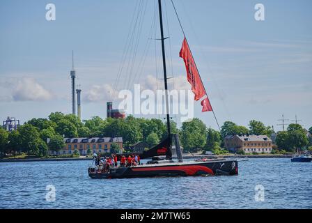 Stockholm, Suède - 06 21 2009: Bateaux à voile de la Volvo Ocean race dans le port de la capitale suédoise Stockholm dans la mer baltique Banque D'Images