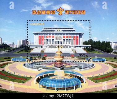 2016 Timbre de la Corée du Nord. Le Congrès de 7th du Parti des travailleurs de Corée. 25 avril Maison de la culture bâtiment de théâtre Banque D'Images