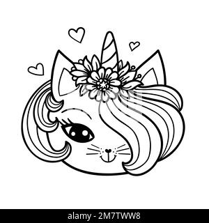 La tête d'un chat licorne mignon. Dessin linéaire noir et blanc. Style Doodle. Pour la conception de livres de coloriage pour enfants, des imprimés, des affiches, des autocollants, des posters Illustration de Vecteur