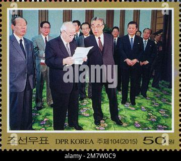 Timbre-poste nord-coréen de 2015 commémorant le 60ème anniversaire de l'Association générale des résidents coréens au Japon (Chongryon). Banque D'Images