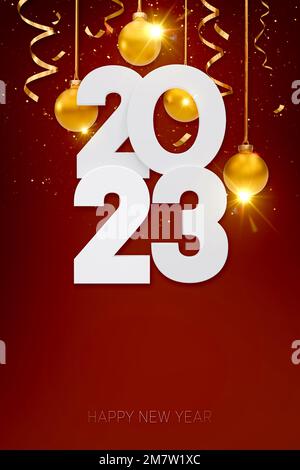 Bonne année 2023. Chiffres blancs avec décoration de Noël dorée et confetti sur fond rouge, rendu 3 D. Banque D'Images