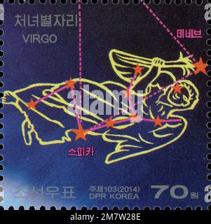 2014 jeu de timbres de la Corée du Nord. La galaxie de la voie lactée. Constellation de Virgo Banque D'Images