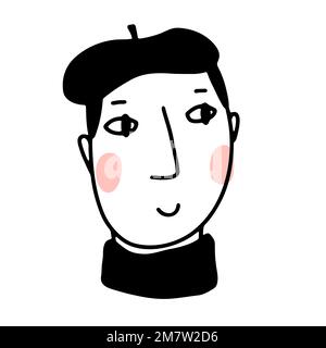 Doodle jeunes gars heureux visage. Dessin animé jeune homme dans le béret. Contour humain dessiné à la main dans le turtleneck isolé sur fond blanc. Mâle mignon portrai Illustration de Vecteur