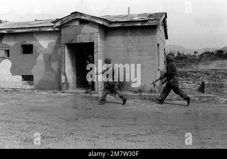 Les membres du bataillon 1st, 21st infanterie, 25th Division d'infanterie, ont fait l'assaut d'un composé nord-coréen maquette lors de l'entraînement conjoint sud-coréen/États-Unis SPIRIT '82. Objet opération/série: TEAM SPIRIT '82 base: Geon Cha pays: République de Corée (KOR) Banque D'Images